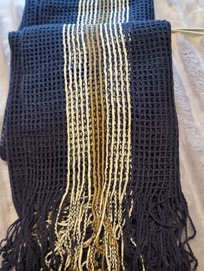 Navy Waffle Crocheted Fringe Scarf with Cream Stripe - Women Accessories